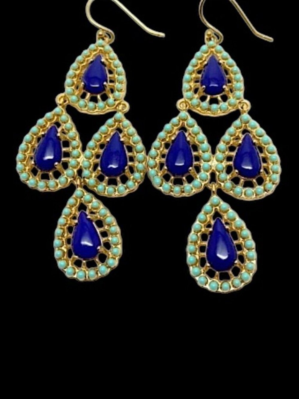 Sterling Vermeille Pierced Earrings Dangling Blue and Aqua Teardrops Hook Wire